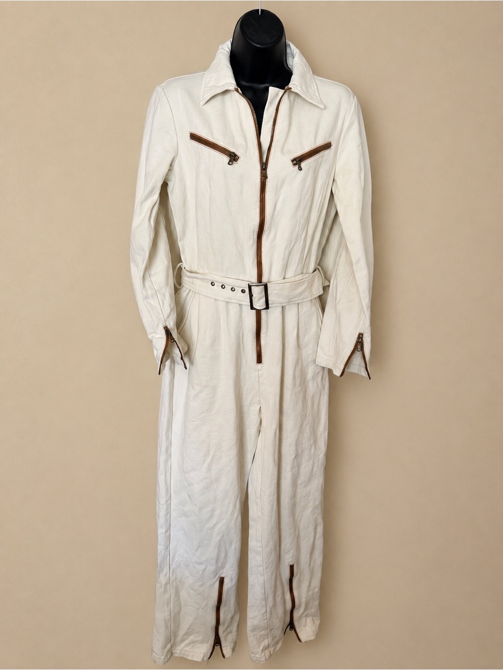 Choosy White Belted Utility Jumpsuit Brown Zip Moto Boilersuit